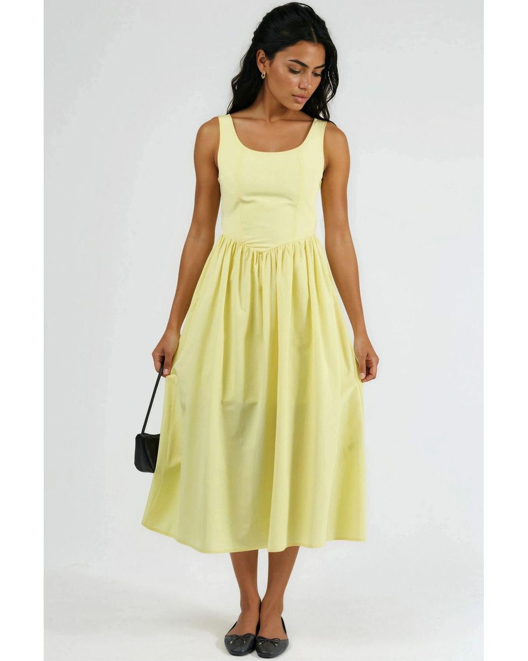 Busem Yellow Square Collar Midi Dress With Bow Detail