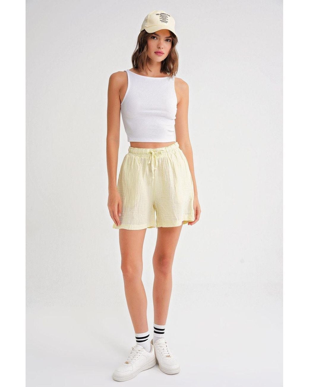 MixRay Yellow High-Waisted Textured Cotton Shorts