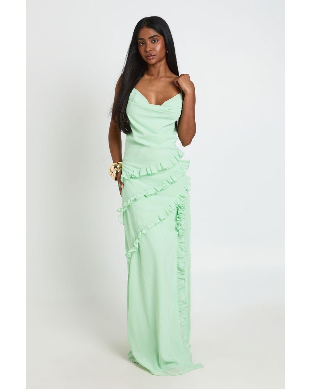 Boohoo Green Chiffon Cowl Neck Ruffle Detail Maxi Dress