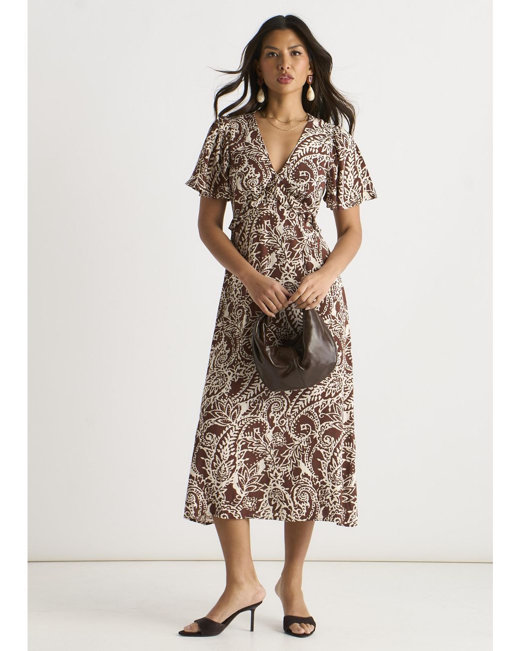 Gini London Natural Paisley Print Ruffle Midi Dress