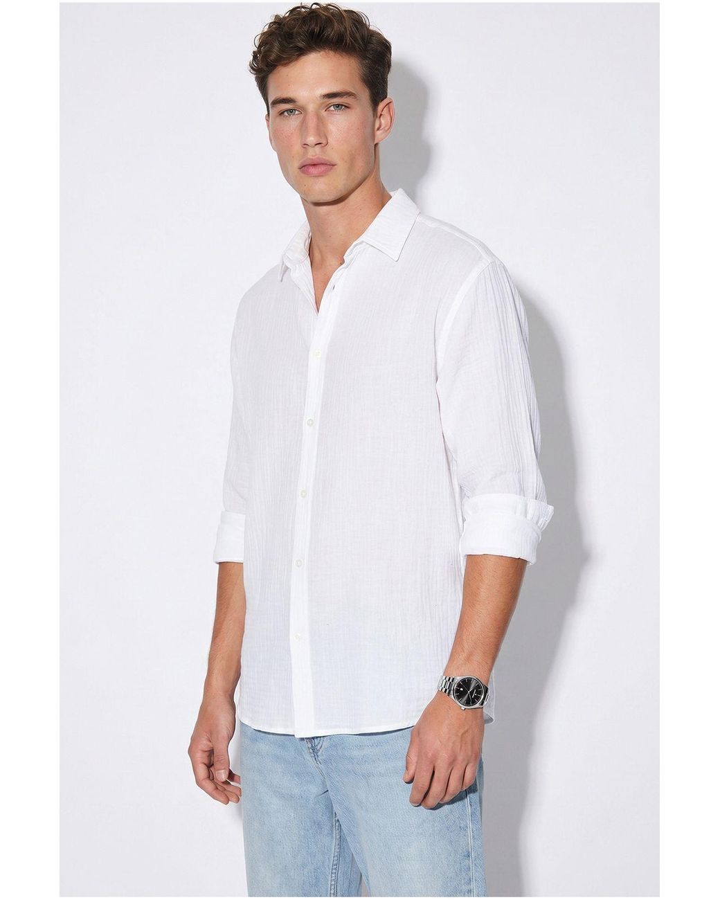 Bianco Lucci White Oversized Textured Button-Front Shirt