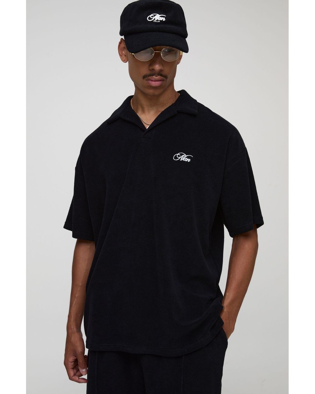 BoohooMAN Black Oversized Revere Embroidered Towelling Polo for men