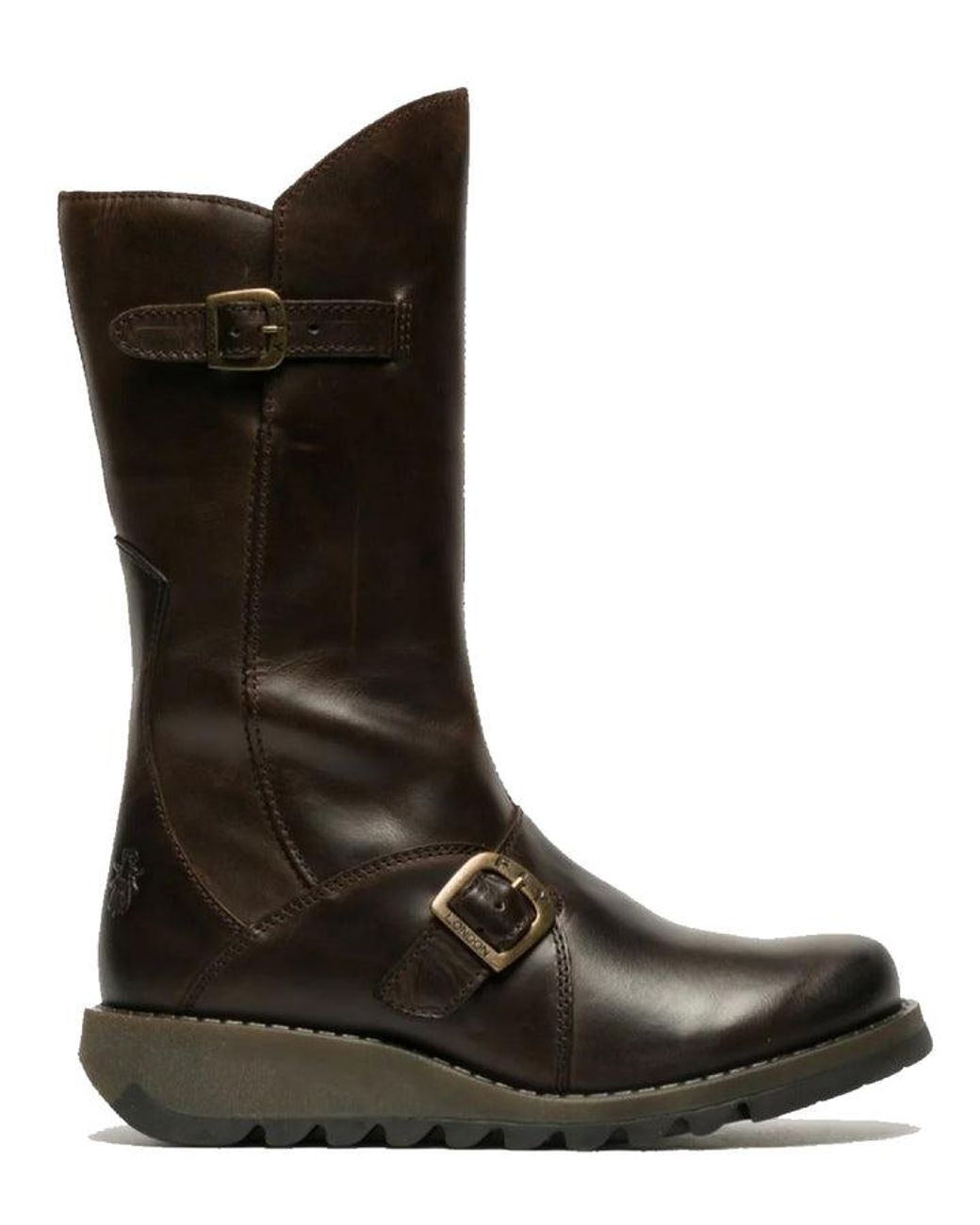 Fly London Black Buckled Leather Mid-Calf Boots