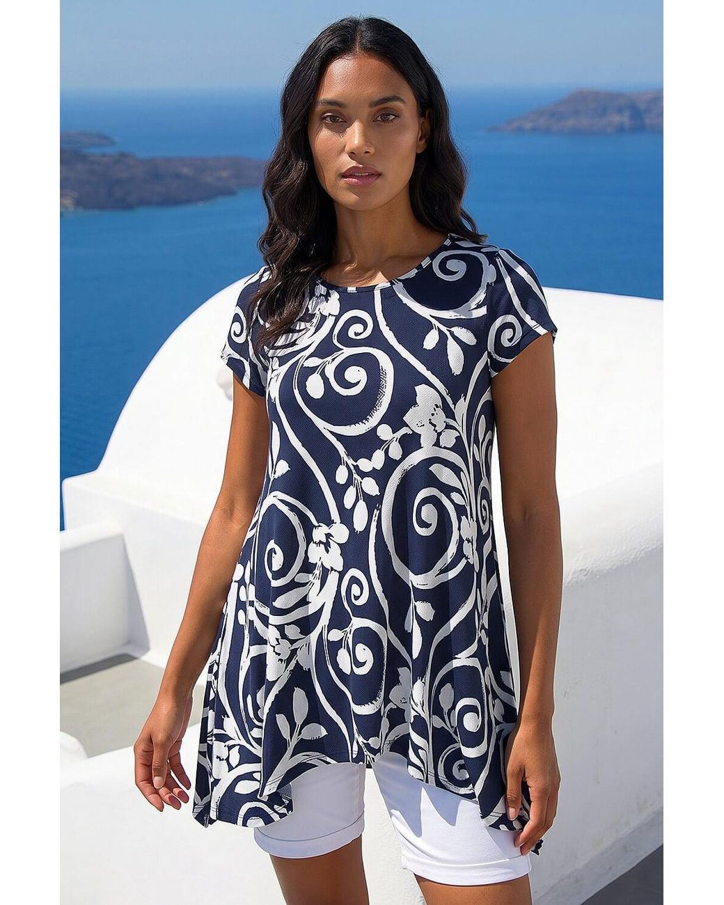 Roman Blue Floral Print Hanky Hem Tunic Top