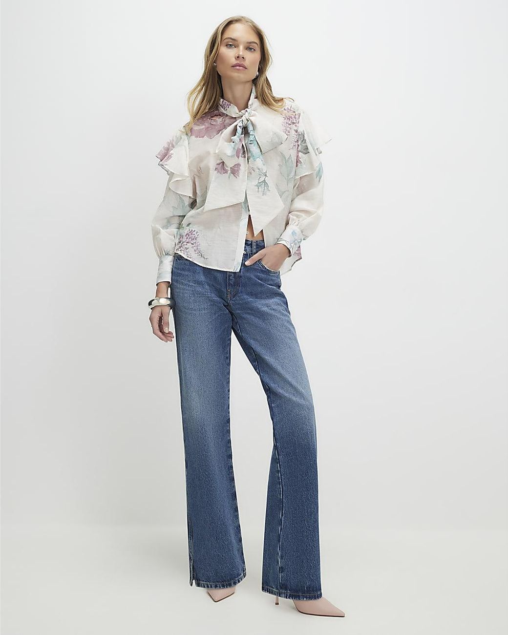 River Island Gray Blouse Floral Pussybow Long Sleeve