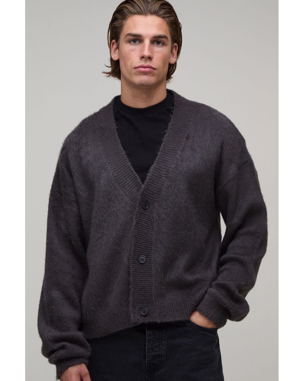 BoohooMAN Gray Relaxed Boxy Brushed Knitted Cardigan for men