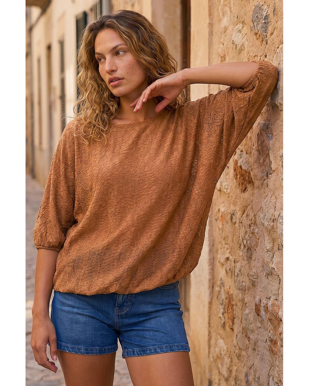 Roman Blue Mesh Bubble Hem Stretch Top