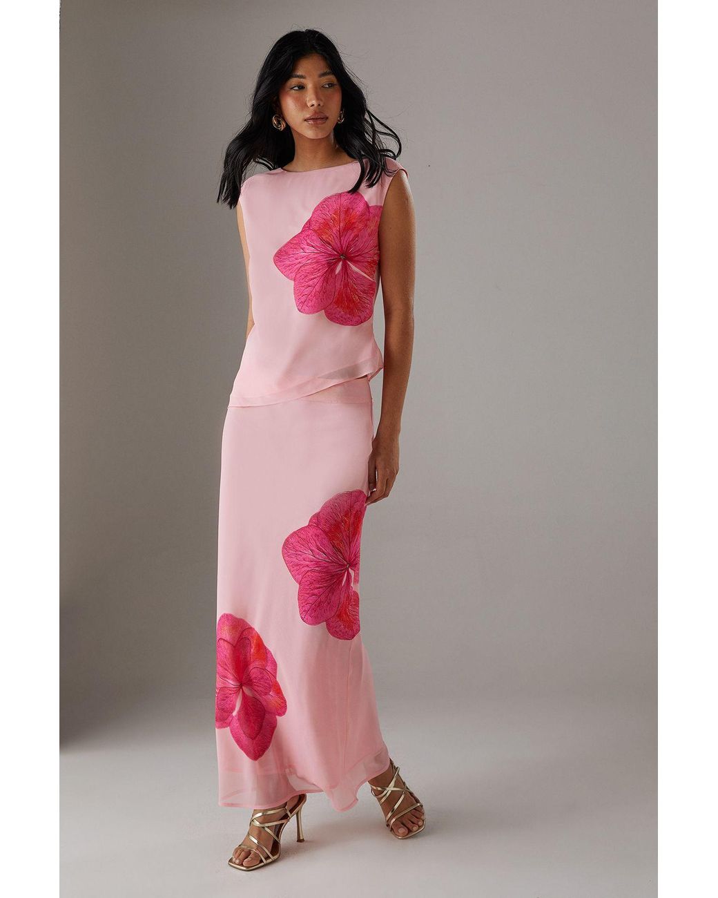 Warehouse Pink Placement Chiffon Bias Maxi Skirt