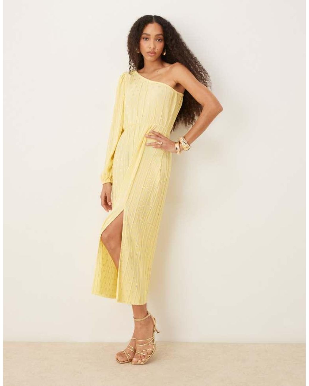 Y.A.S Natural Foil Spot Plisse One Shoulder Maxi Dress
