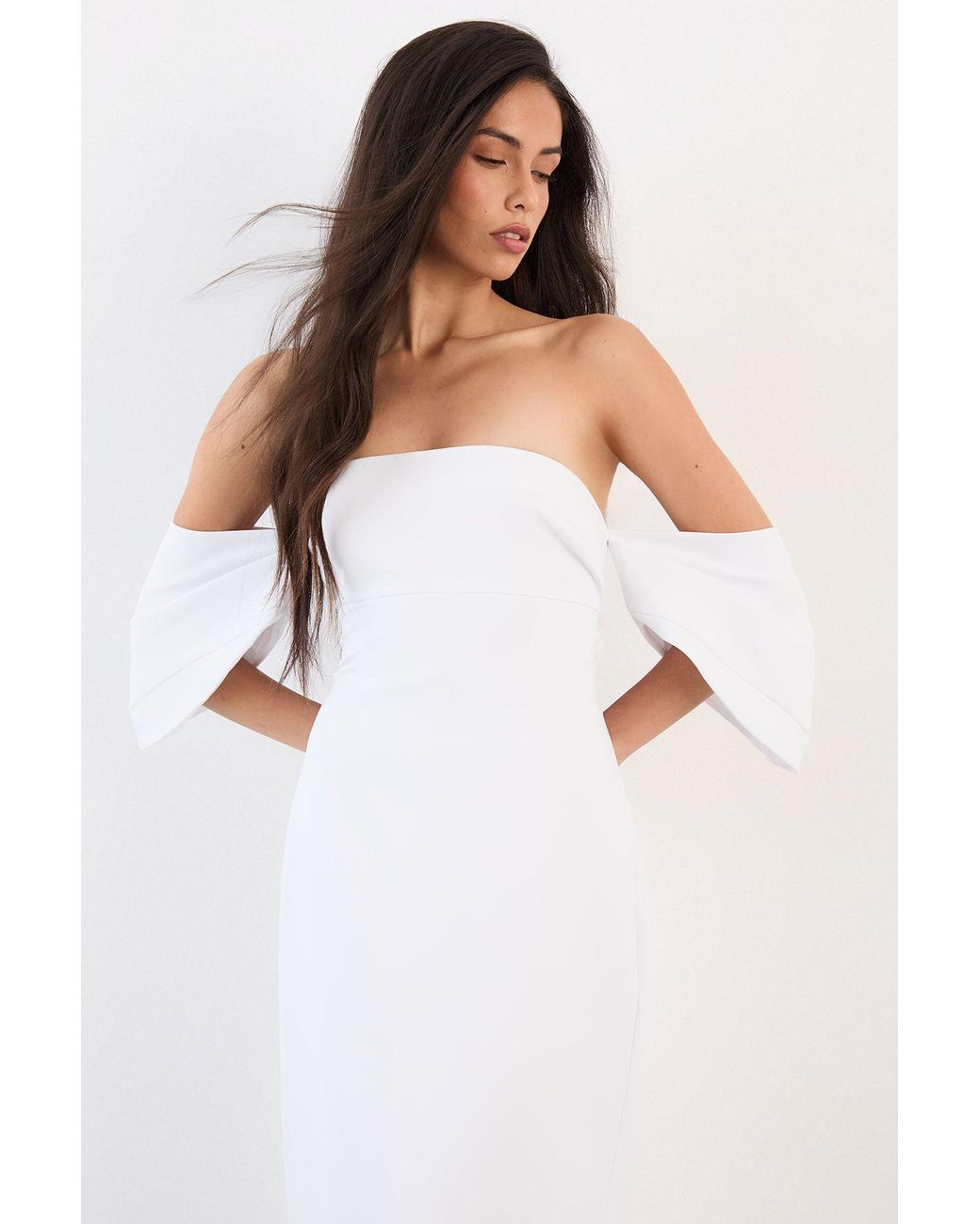 Warehouse White Stretch Crepe Bardot Column Midi Dress