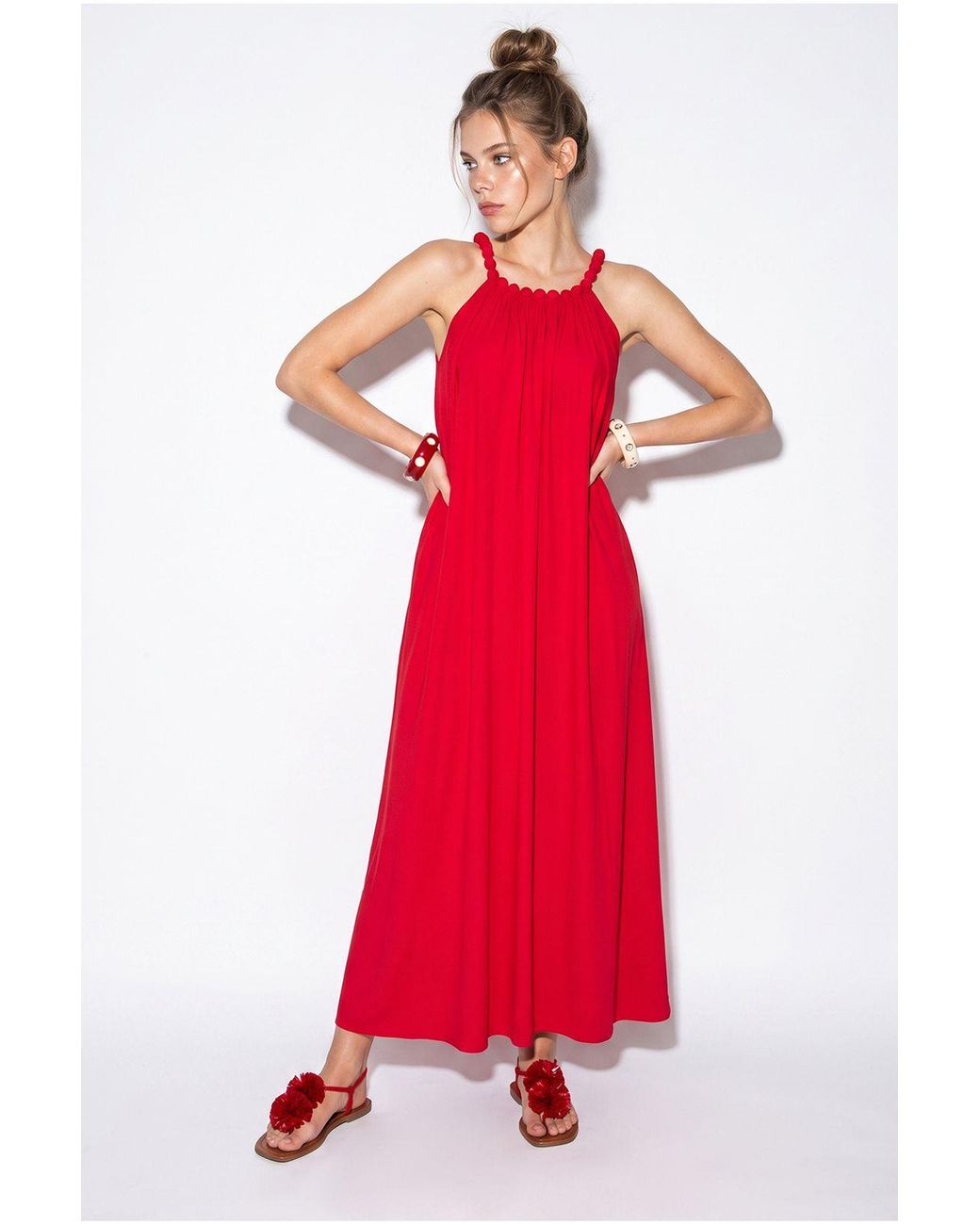 Bianco Lucci Red Halter Maxi Dress With Pocket