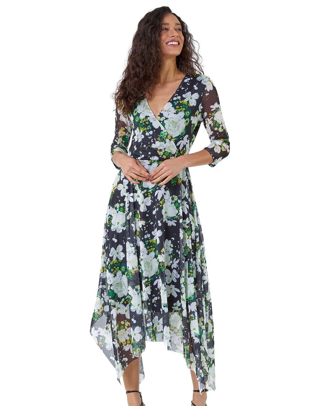 D.u.s.k Green Abstract Stretch Mesh Hanky Hem Wrap Dress