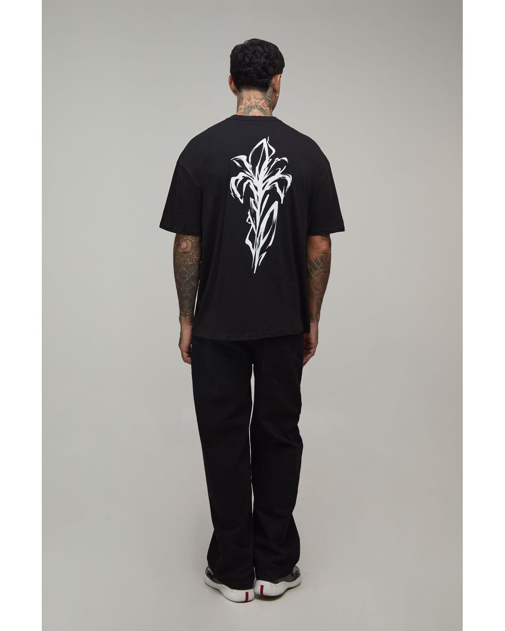 BoohooMAN Black Tall Oversized Floral Sketch Print T-Shirt Cotton for men
