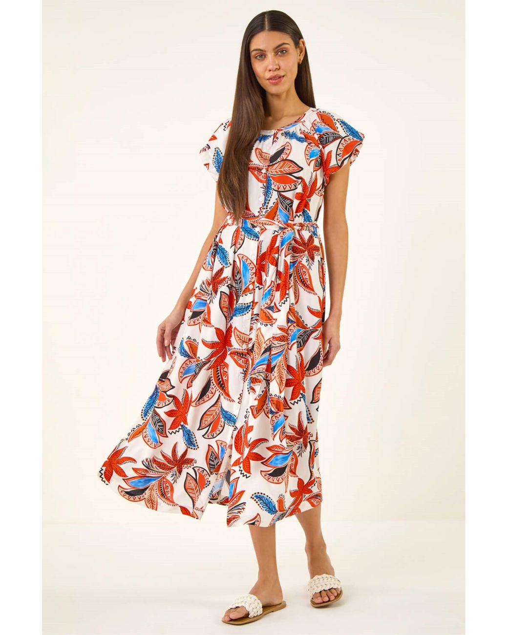 Roman Red Leaf Print Belted Midi Dress