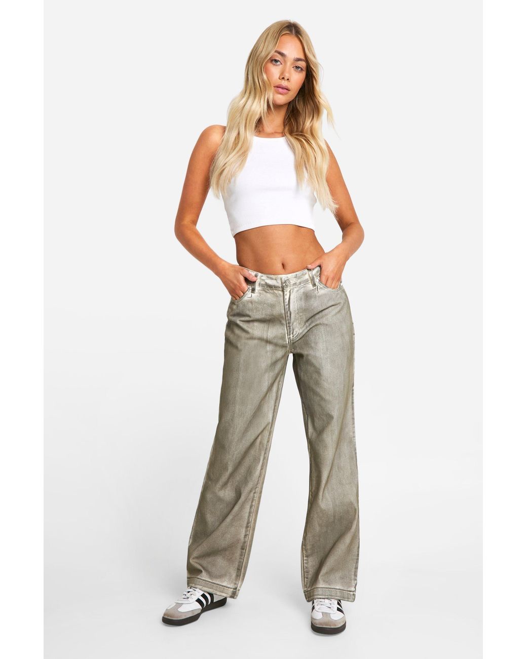Boohoo White Pleat Front Grunge Coated Jeans