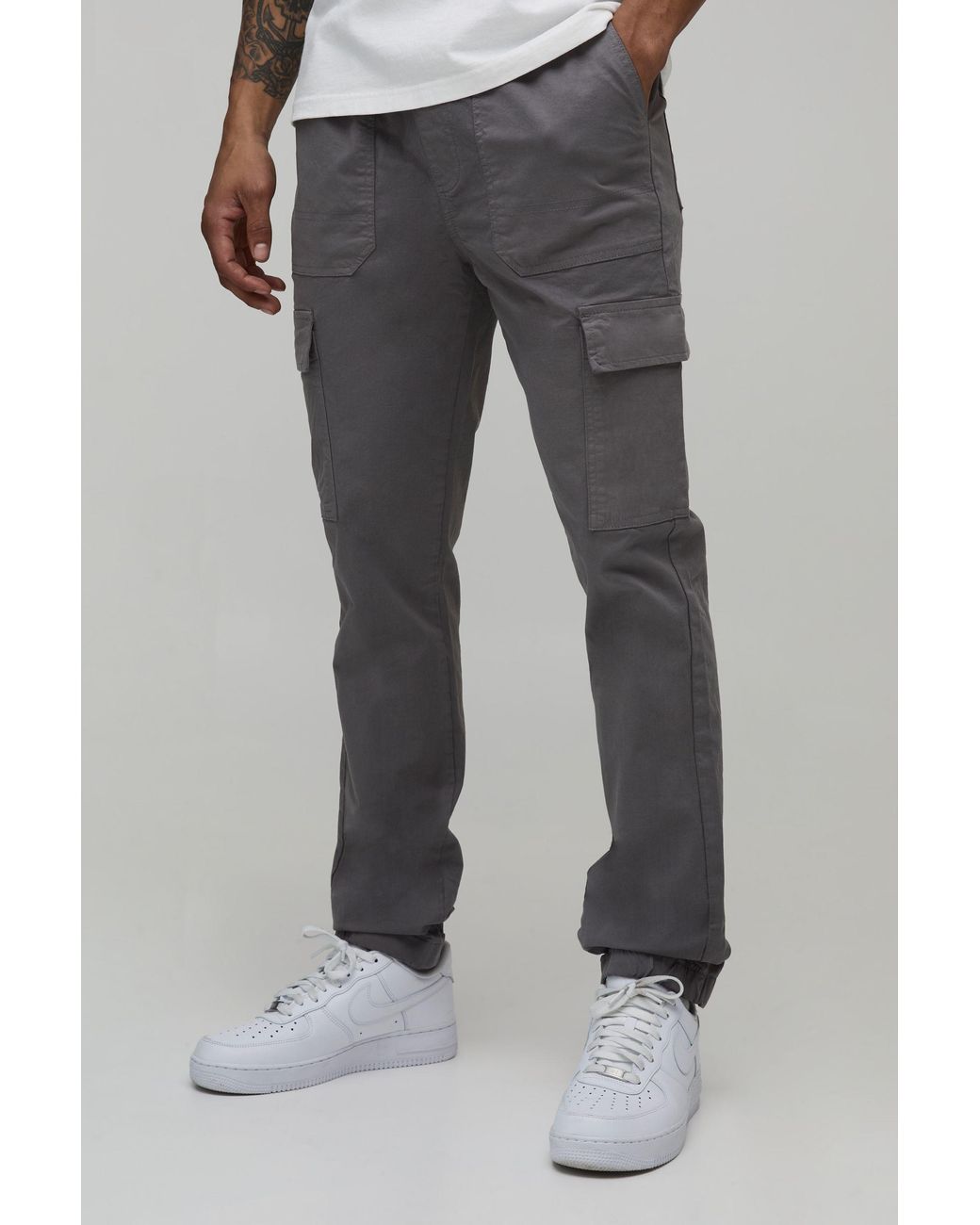 BoohooMAN Gray Skinny Fit Elasticated Waist Cuffed Cargo for men