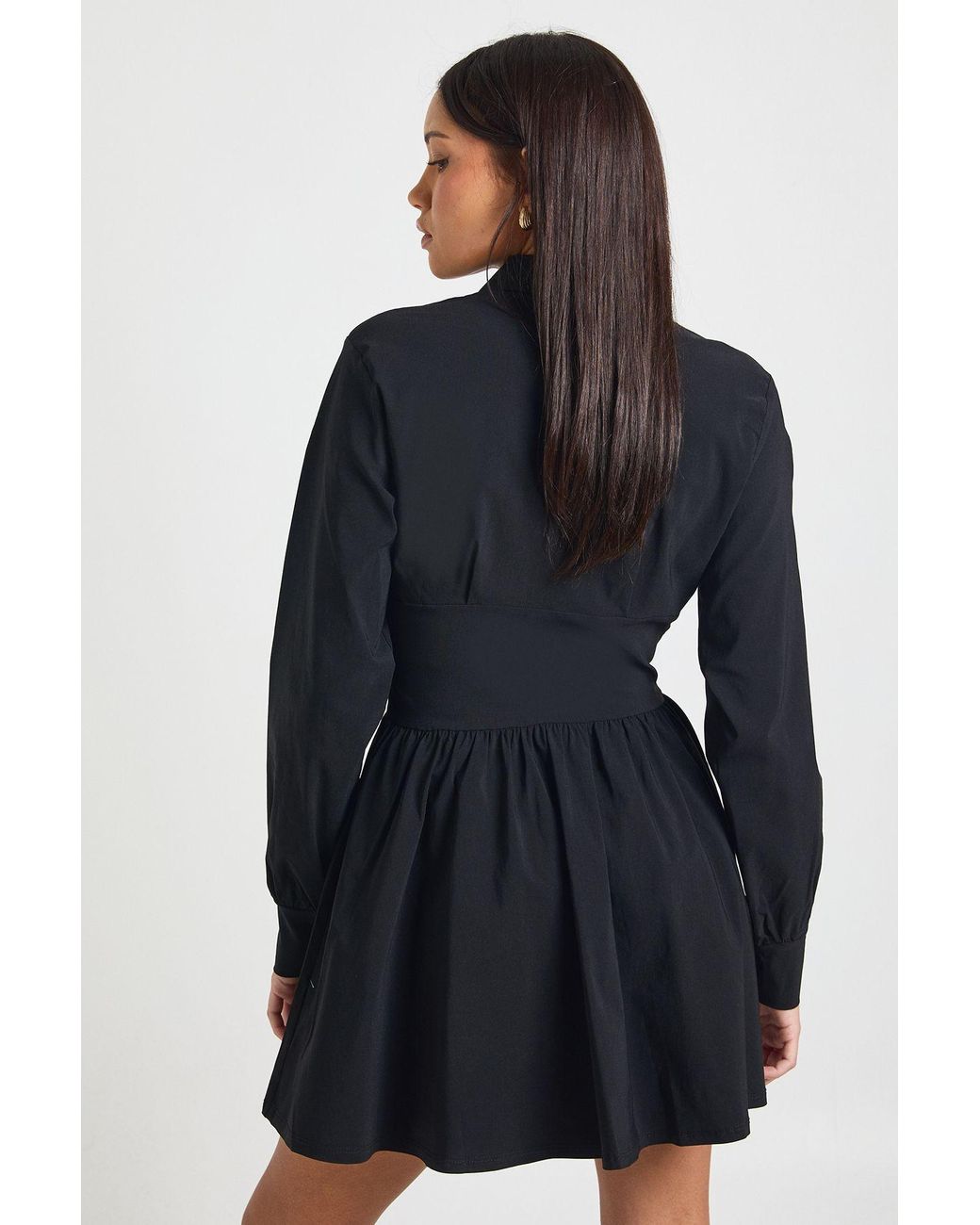 Boohoo Black Bengaline Cinched Waist Long Sleeve Skater Shirt Dress