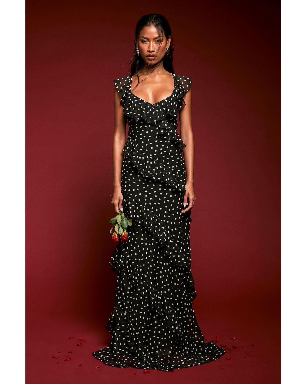 Boohoo Red Chiffon Ruffle Polka Dot Strappy Maxi Dress