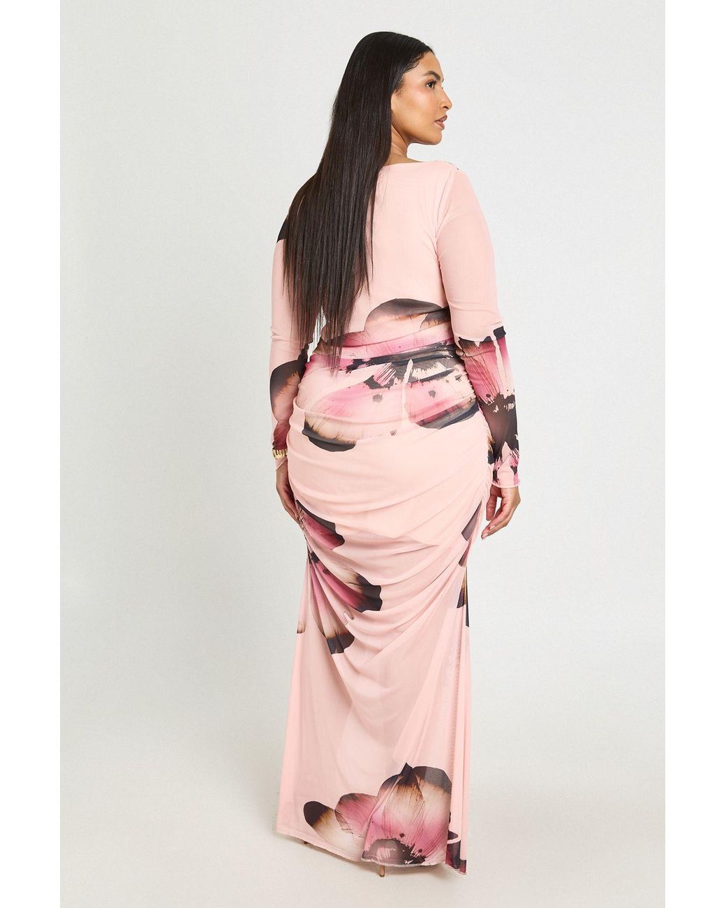 Boohoo Pink Plus Floral Mesh Column Maxi Dress