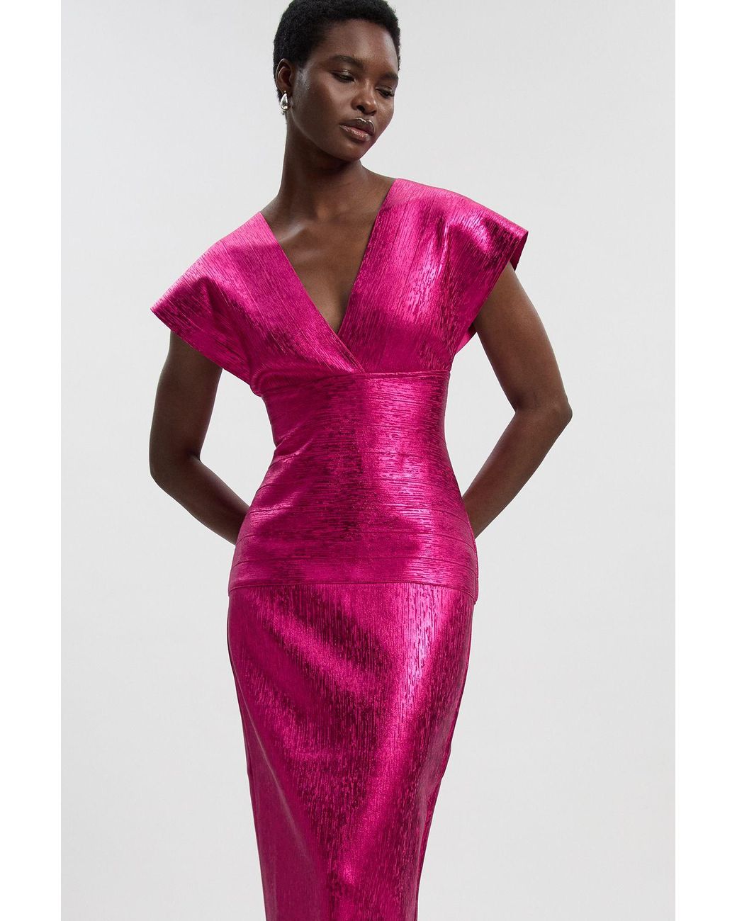 Karen Millen Pink Foil Metallic Figure Form Angel Sleeve Knit Maxi Dress