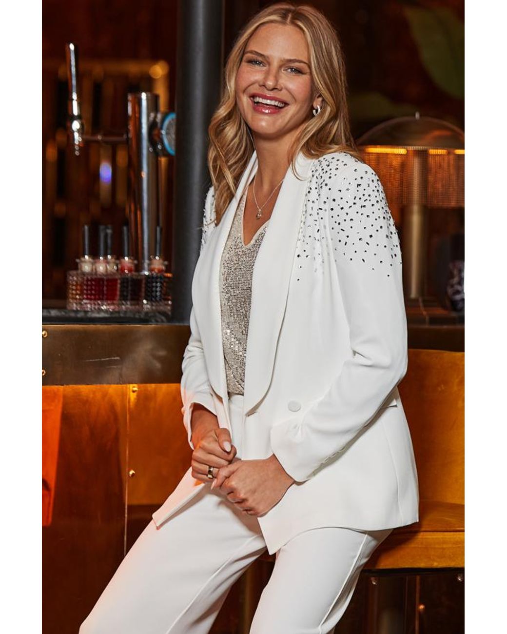 Sosandar White Petite Winter Premium Glittering Jewel Embellished Blazer