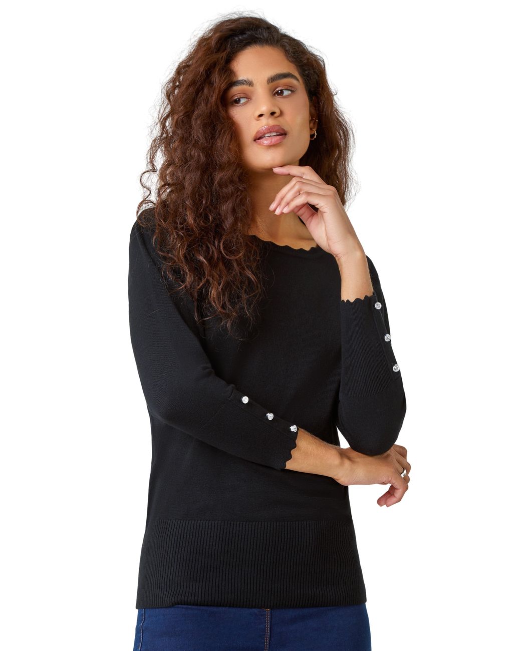 Roman Black Diamante Button Scallop Edge Jumper