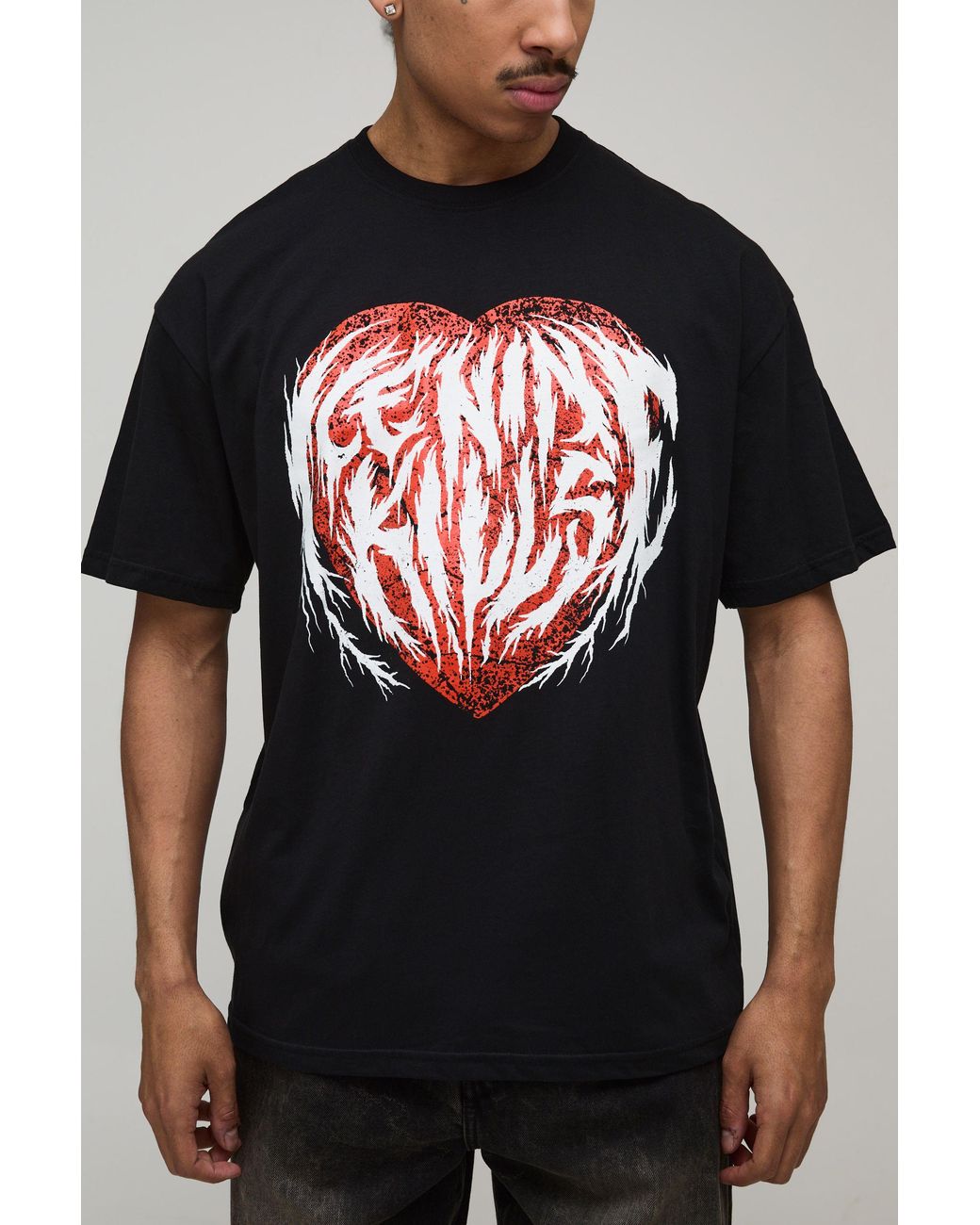 BoohooMAN Black Oversized Ice Nine Kills Heart License Printed T-Shirt for men