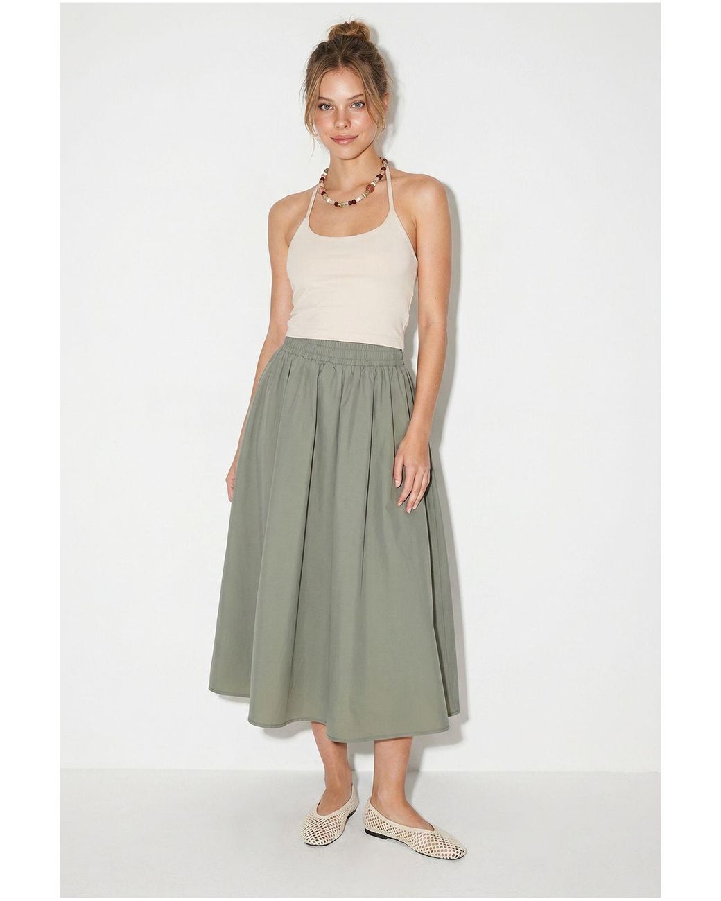 Bianco Lucci Multicolor High-Waist Cotton Poplin Midi Skirt