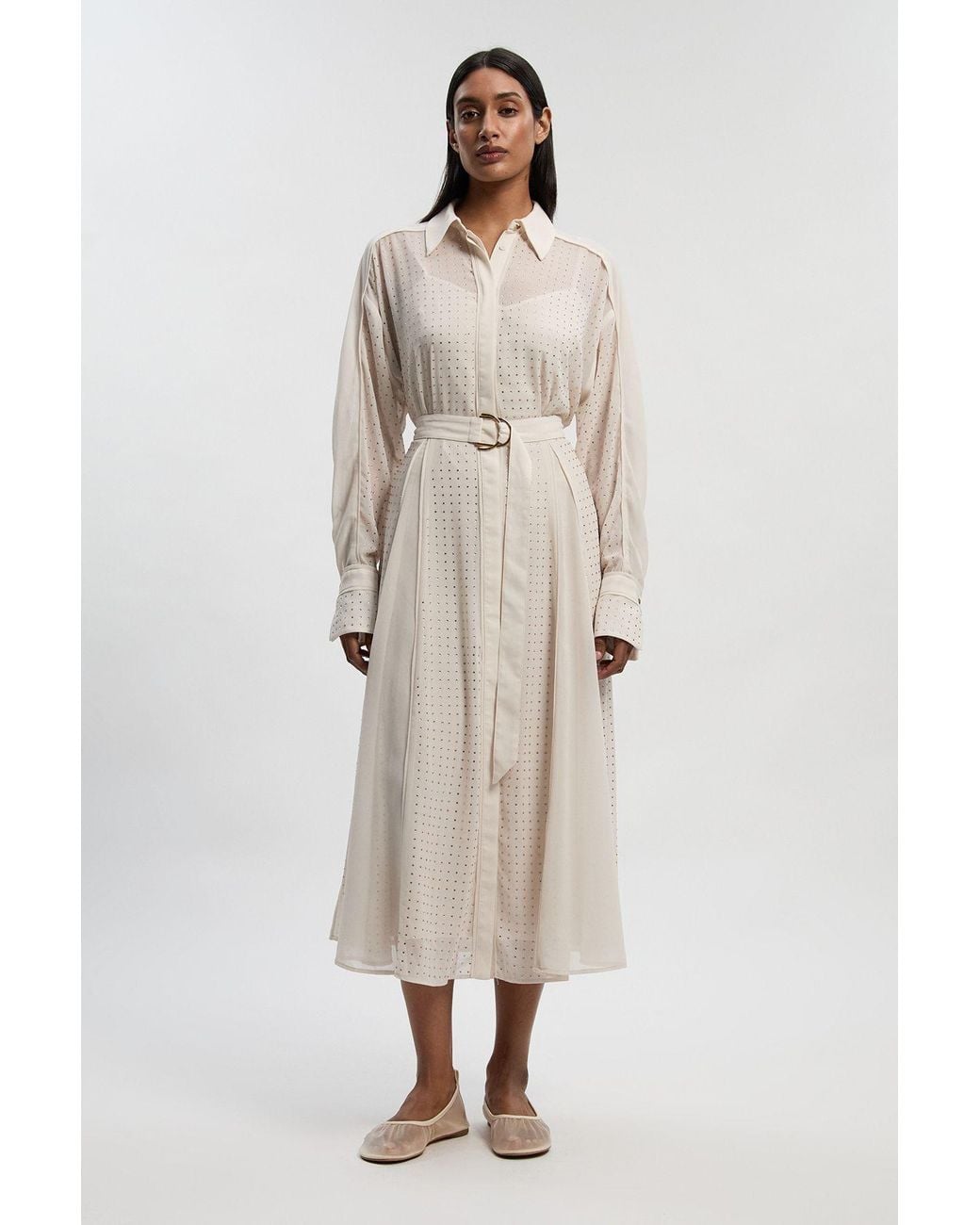 Karen Millen Natural Hotfix Studded Long Sleeve Shirt Woven Maxi Dress