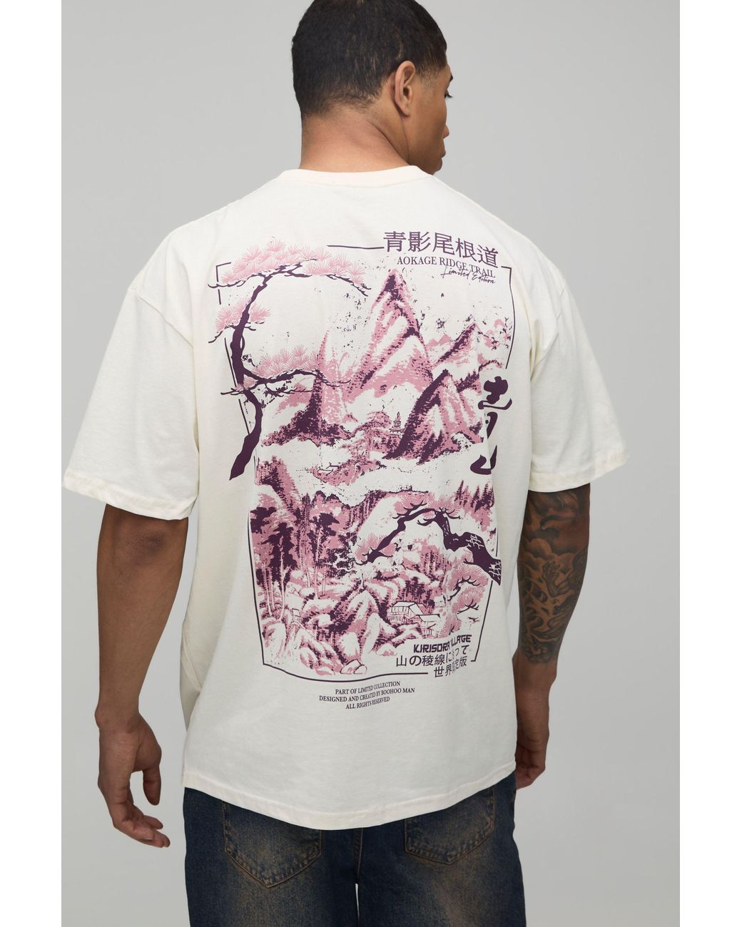 BoohooMAN Pink Oversized Kyoto Mountain Graphic T-Shirt for men