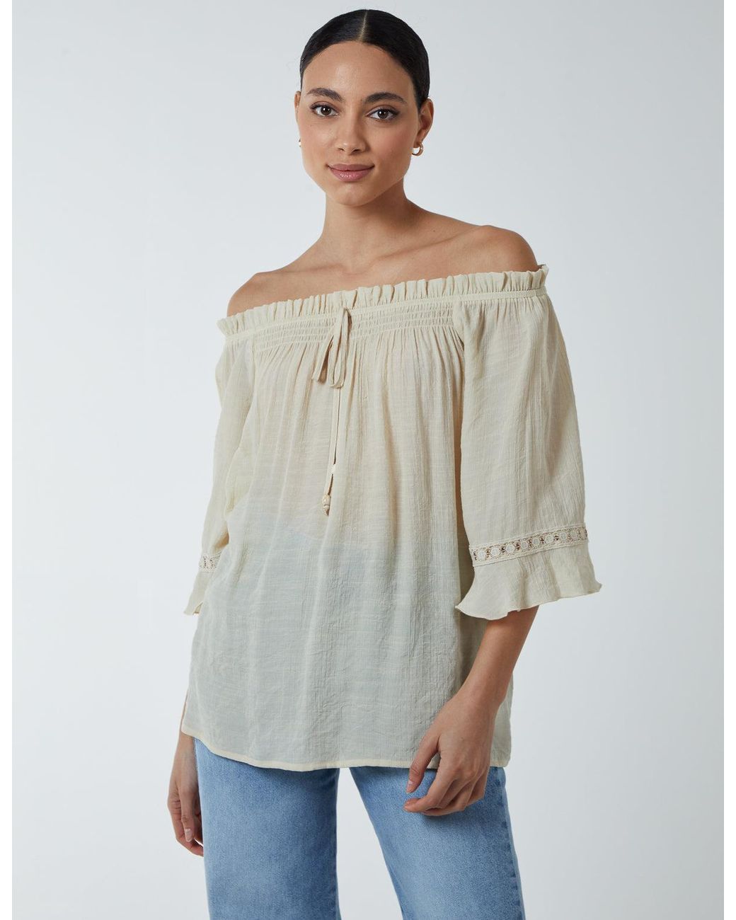 Blue Vanilla Gray Bardot Tie Front Top