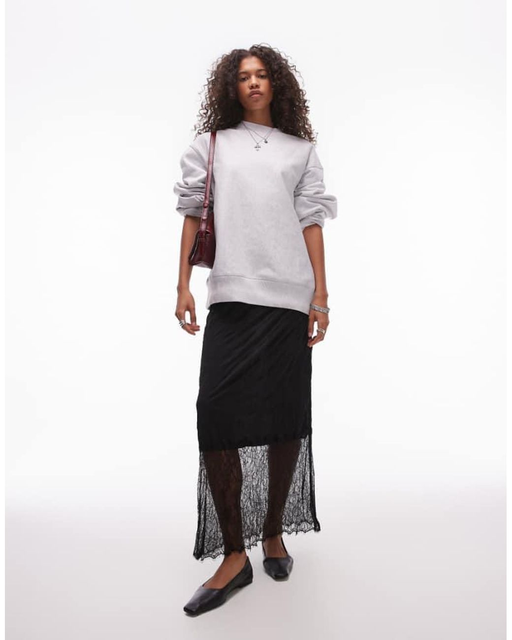 TOPSHOP White Crinkle Lace Hem Detail Midi Skirt