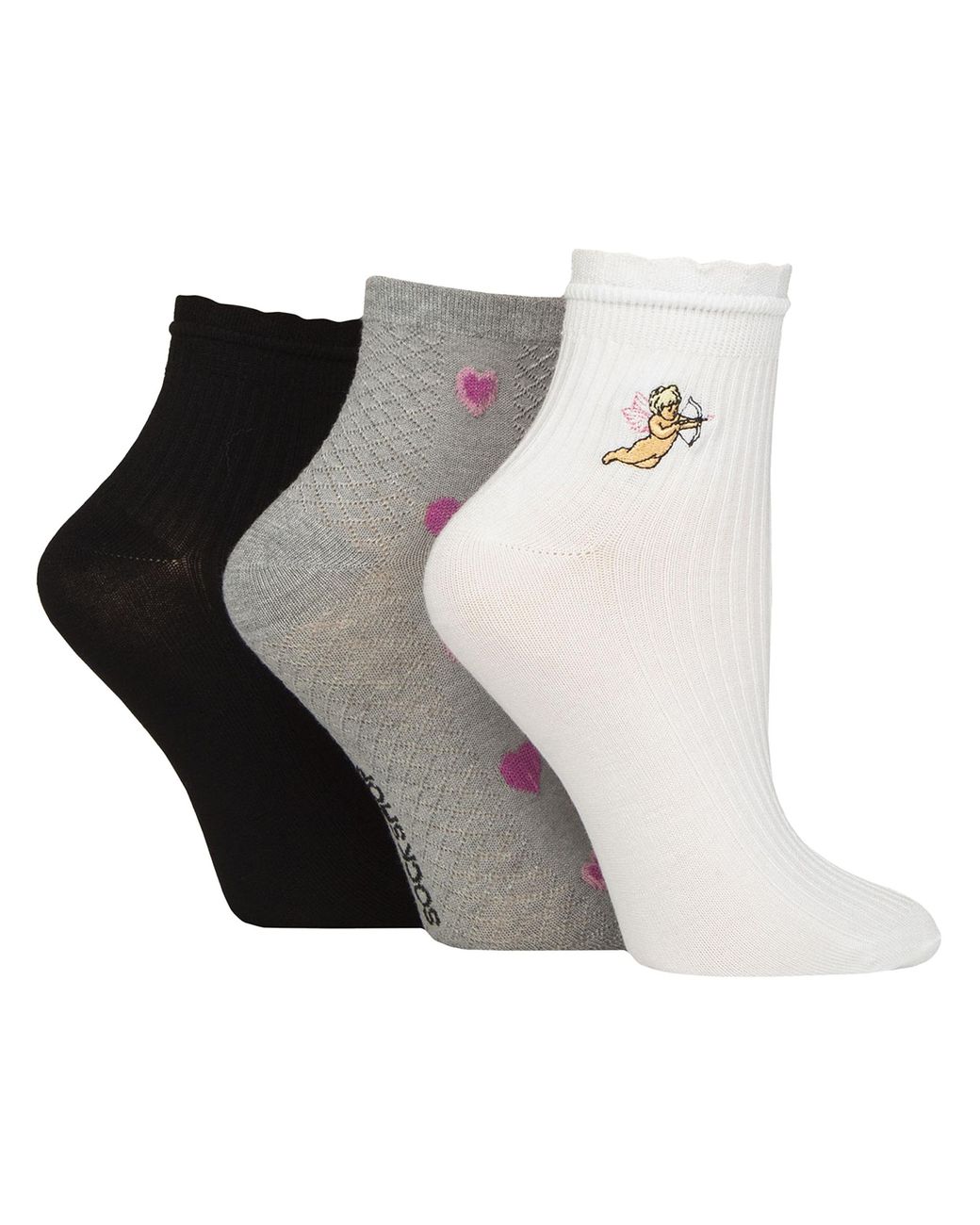 Elle Black 3 Pack Ladies Ribbed Anklet Socks With Frill Welt