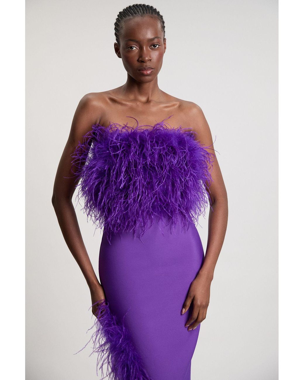 Karen Millen Purple Figure Form Bandage Feather Detail Bandeau Knit Midi Dress