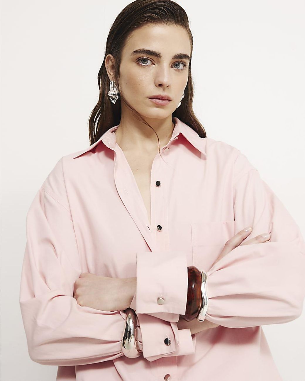 River Island Pink Shirt Cinch Back Long Sleeve Collared Cotton