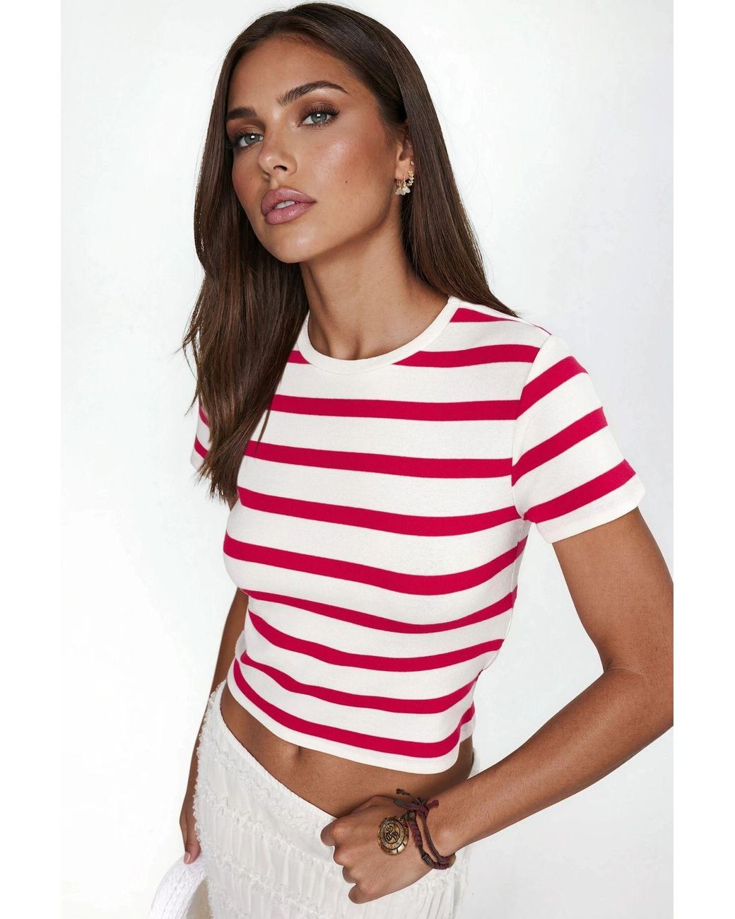 Busem Red Striped Crew Neck Basic T-Shirt