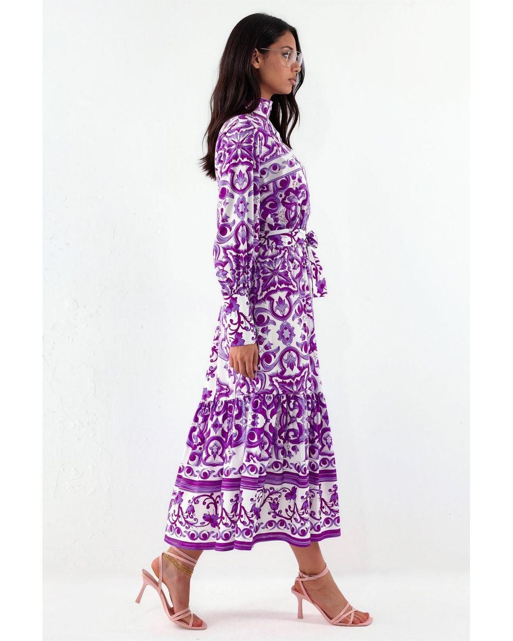 Msn-Collection Purple Paisley Shirt Collar Maxi Dress
