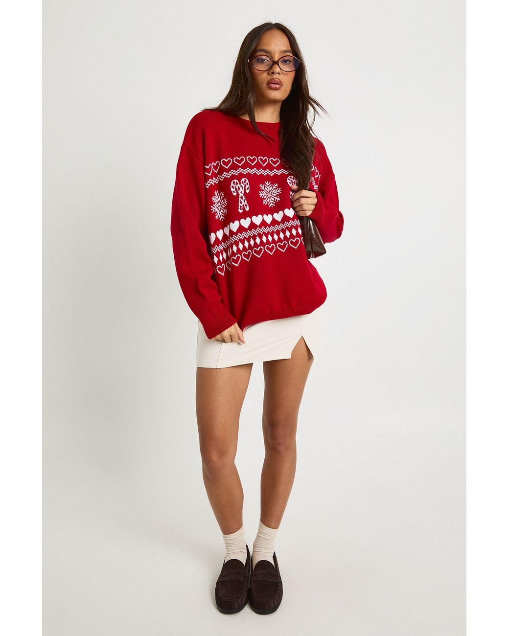 Boohoo Red Candy Cane Longline Christmas Jumper