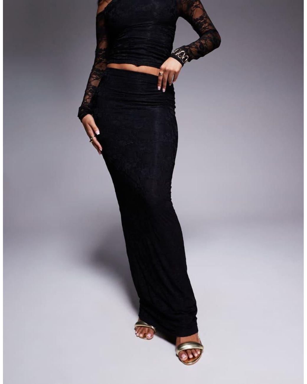 Kaiia Black Exclusive Double Layered Slinky Lace Column Maxi Skirt Co-Ord