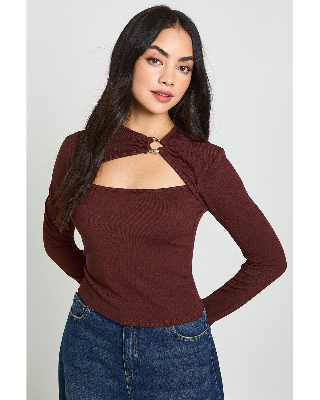 Boohoo Brown Rib Trim Detail Cut Out Long Sleeve