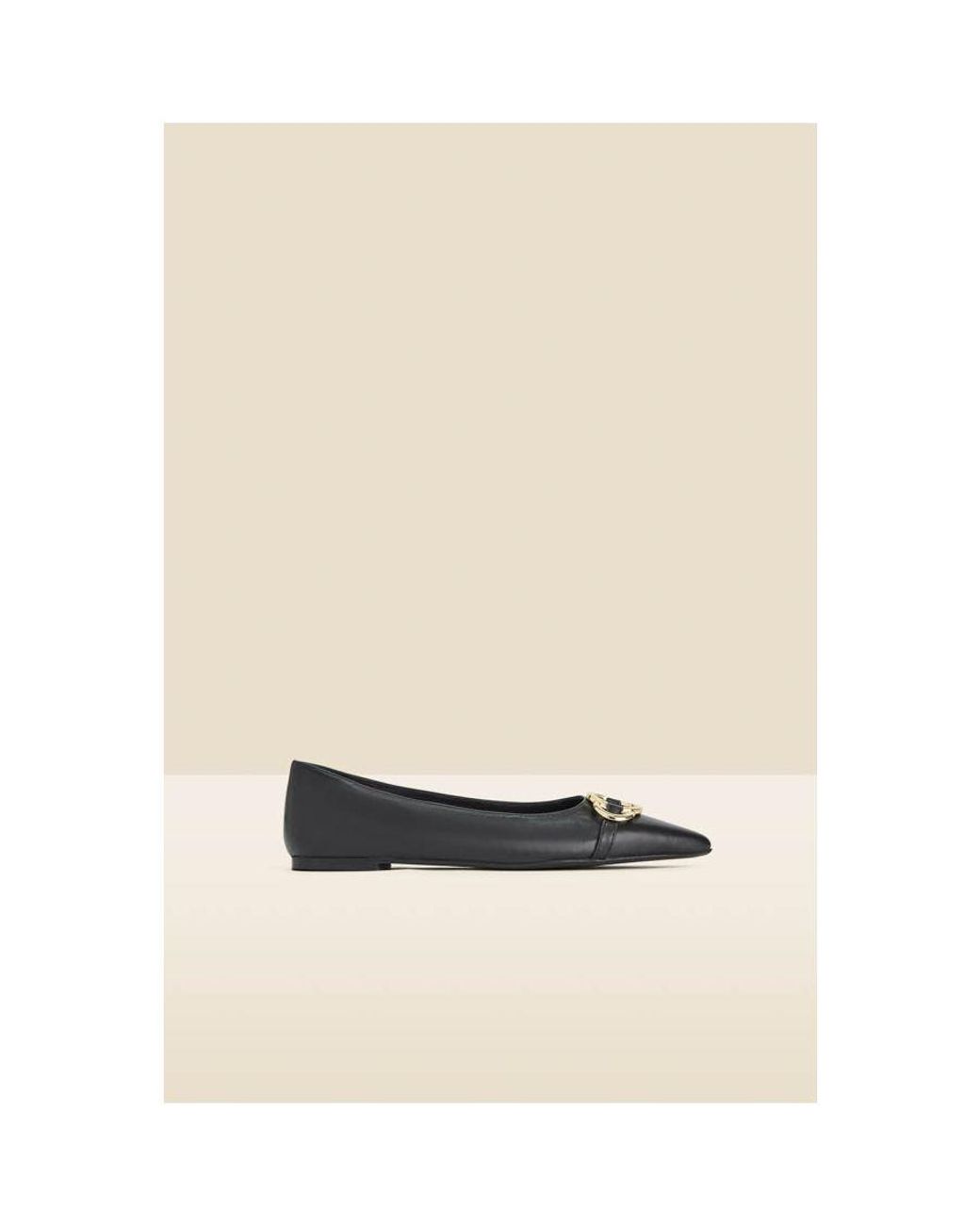 Sosandar Black Leather Pointed Toe Flat Shoe With Trim