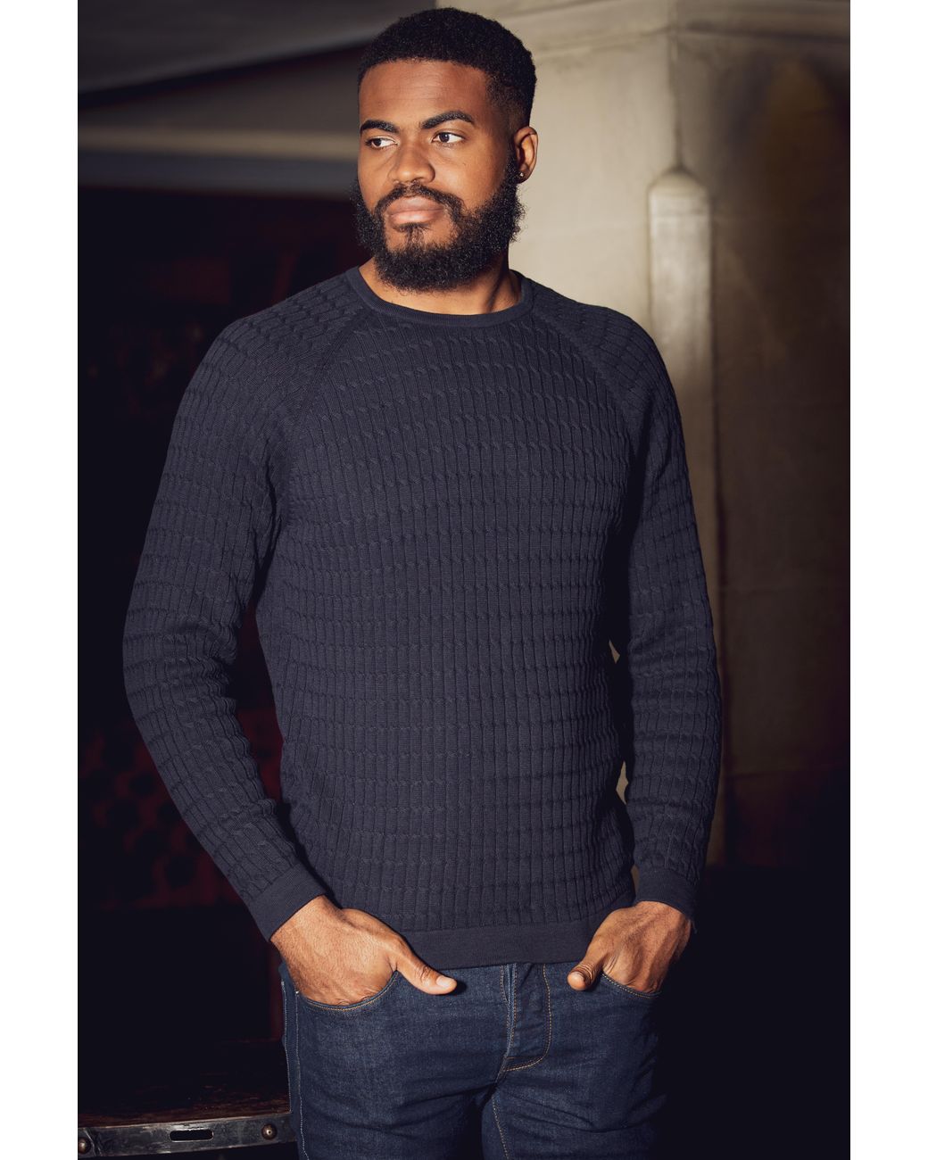 Nines Blue Cotton Long Sleeve Crew Neck Knitted Jumper for men