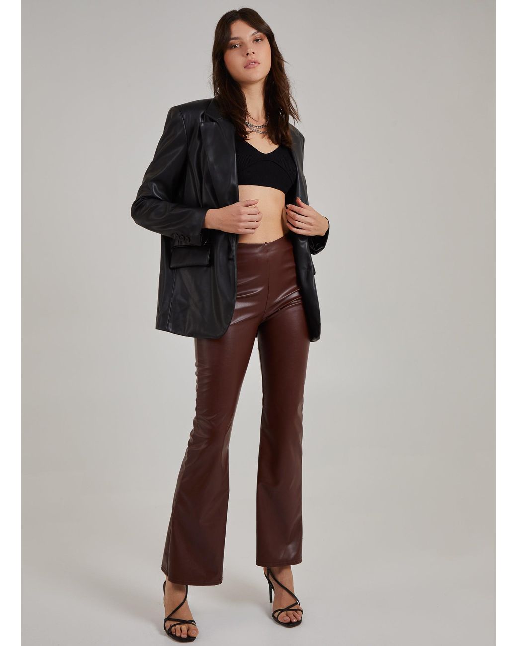 Pink Vanilla Brown Flare Leather Look Trousers