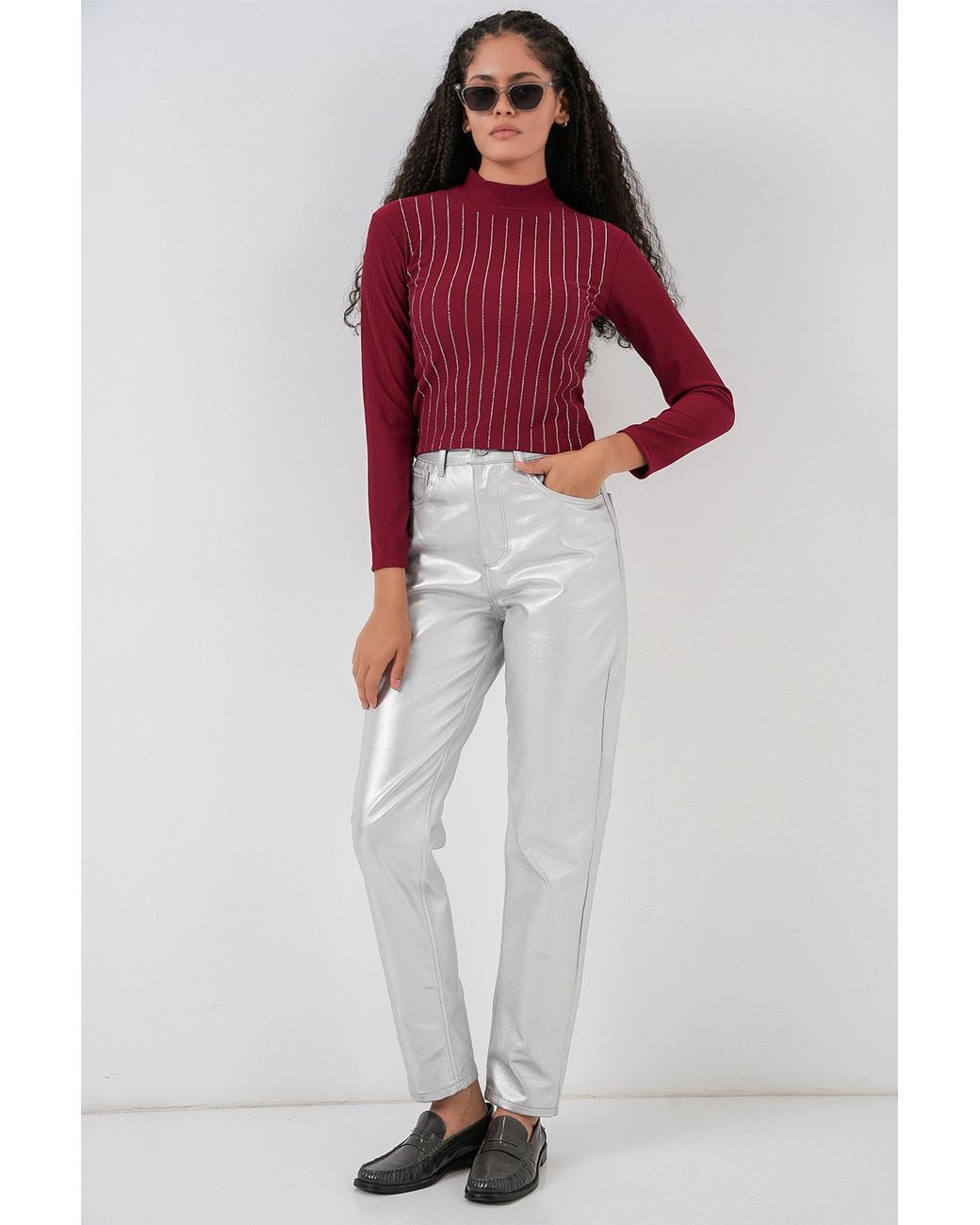 Bigdart Red Striped Half Turtleneck Long Sleeve Top With Stone Detail