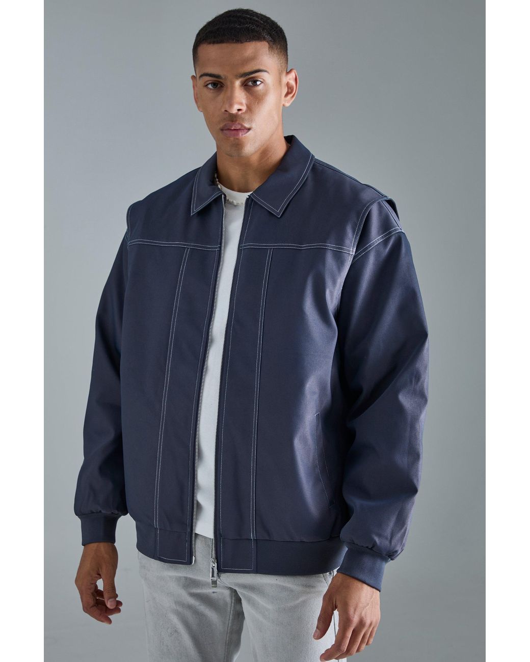 BoohooMAN Blue Oversized Pu Panel Detail Bomber Jacket for men