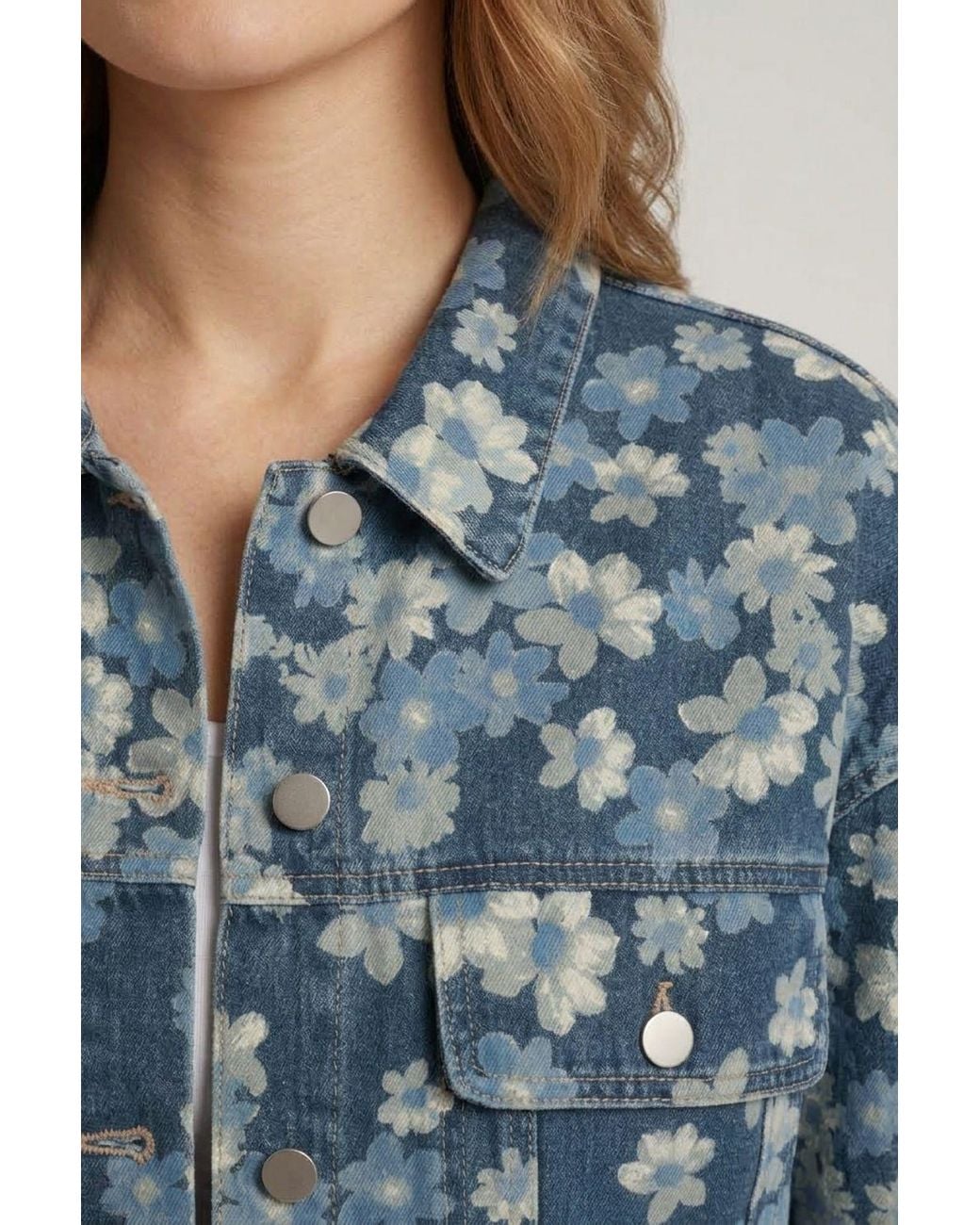 Izabel London Blue Floral Relaxed Denim Jacket