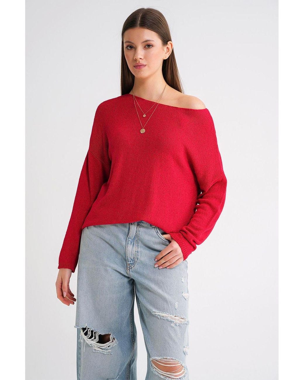 MixRay Red Oversized Boat Neck Knit Sweater