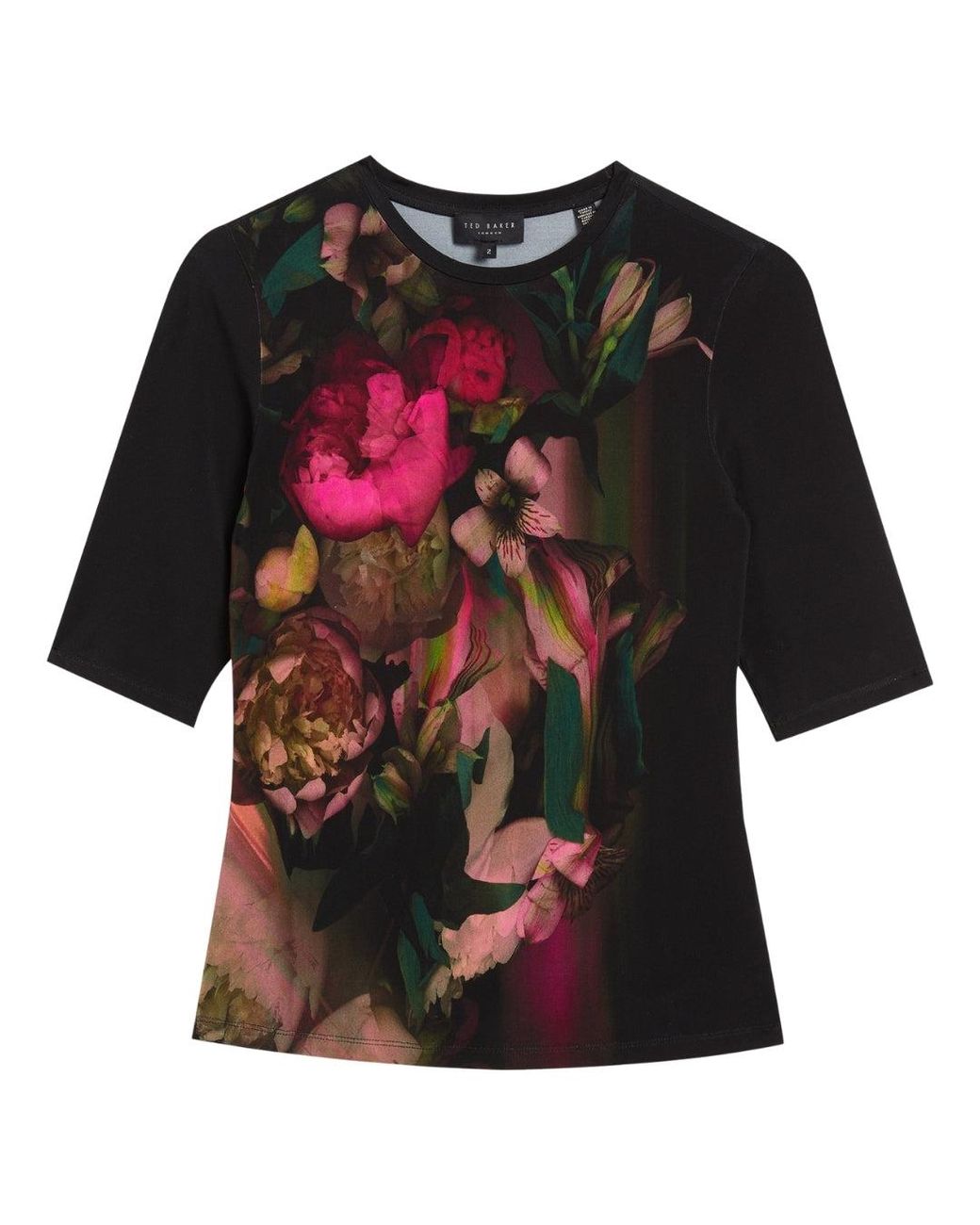 Ted Baker Black Floene Printed Skinny Fit Quarter Sleeve Top Viscose