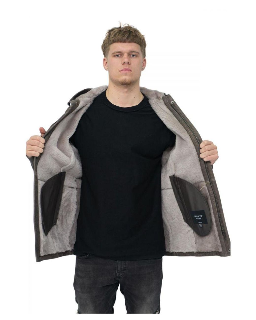Infinity Leather Gray Sheepskin Hooded Parka Coat-Alafaya for men