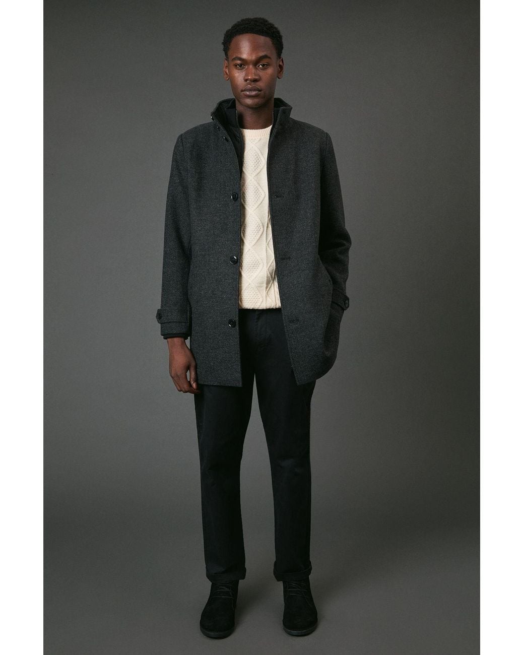 MAINE Gray Wool Blend Funnel Neck Coat With Insert Cotton for men